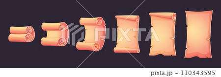 Old paper scroll open process. Ancient manuscript, document or letter. Blank base for treasure map with torn edges. Vintage parchment nowaday vector clipart 110343595