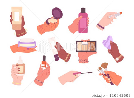 Female hands hold cosmetics. Decorative cosmetic promotional or ad elements. Women holds eye shadow box, lipstick and makeup brushes, racy vector set 110343605