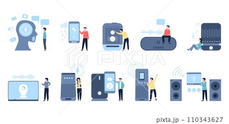 Smart speakers, voice recognition technologies. People use digital assistance, online translator and internet devices, recent vector scenes 110343627
