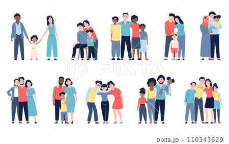 Multiracial traditional families. Heterosexual flat parents and children, various ages men and women. Love relationships, happy recent vector characters 110343629