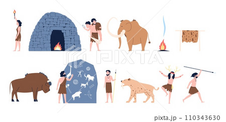Primitive people. Ancient men and women in cave, drawing, hunting and living. Prehistoric tools, wild animals and relationship, recent vector scenes 110343630