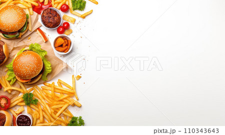 AI-generated content. Top view of unhealthy fast food full of carbohydrates and fat, chips, hamburgers and cheeseburgers, sauces on white background with space for text 110343643