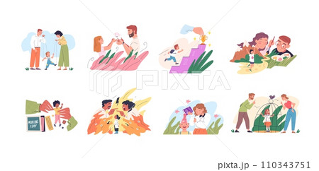 Parental influence. Parents children communicating problem, child personality development upbringing models parenting childcare love knowledge attachment classy vector illustration 110343751