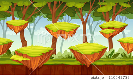 Videogame landscape. 2d video game forest background, arcade play gaming level scene with ground platforms and trees computer backdrop screen, cartoon neoteric vector illustration 110343755