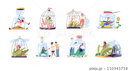People in cage. Alone sad girl stuck birdcage, personal prison escape mental freedom independence, release prisoner abuse control or trafficking concept classy vector illustration 110343759