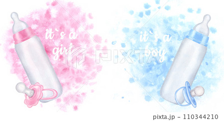 Banner pink blue milk bottle and pacifier newborn, text it is a girl boy. Hand drawn watercolor illustration isolated on white background. Gender reveal party, baby shower. For postcards, invitations Banner pink blue milk bottle and pacifier newborn, text it is a girl boy. Hand drawn watercolor illustration isolated on white background. Gender reveal party, baby shower. For postcards, invitations 110344210