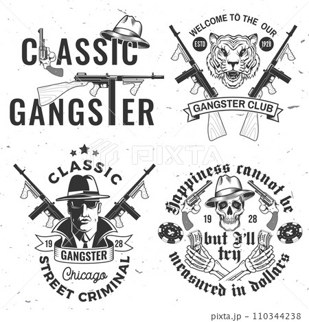 Set of gangster club badge design. Vector illustration. Vintage monochrome label, sticker, patch with gangster, submachine gun and tiger gangster skull silhouettes. Set of gangster club badge design. Vector illustration. Vintage monochrome label, sticker, patch with gangster, submachine gun and tiger gangster skull silhouettes. 110344238