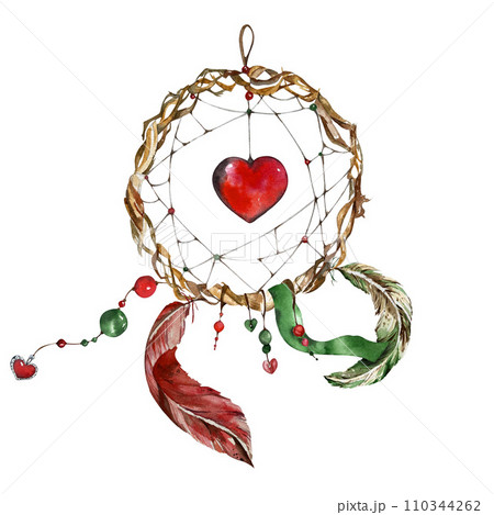 A dream catcher with a pendant in the form of a red heart, beads, feathers, ribbons. handmade watercolor illustration. isolated on a white background. for greeting cards for Valentine's Day and others A dream catcher with a pendant in the form of a red heart, beads, feathers, ribbons. handmade watercolor illustration. isolated on a white background. for greeting cards for Valentine's Day and others 110344262