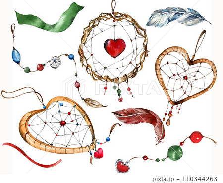collection of handmade watercolor dream catchers in the form of hearts. dream catchers, beads, feathers, ribbons. it is suitable for decorating greeting cards for Valentine's day.on a white background collection of handmade watercolor dream catchers in the form of hearts. dream catchers, beads, feathers, ribbons. it is suitable for decorating greeting cards for Valentine's day.on a white background 110344263