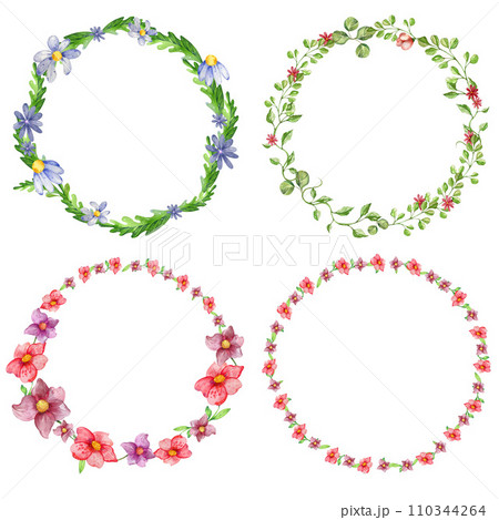 set of four floral watercolor wreaths. bright, light, summer, wildflowers. isolated on a white background. for the design of postcards, promotional products, invitations set of four floral watercolor wreaths. bright, light, summer, wildflowers. isolated on a white background. for the design of postcards, promotional products, invitations 110344264