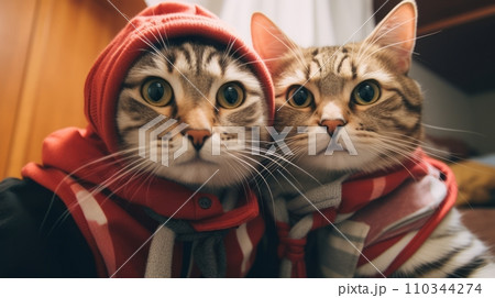 AI-generated content. Two cute funny cats take a selfie. Neural network AI generated art 110344274
