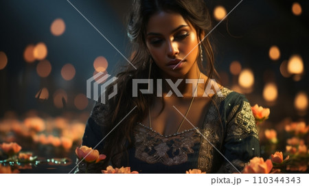 AI-generated content. Young beautiful Indian woman holding a lit candle for Indian Festival Diwali. Neural network AI generated art 110344343