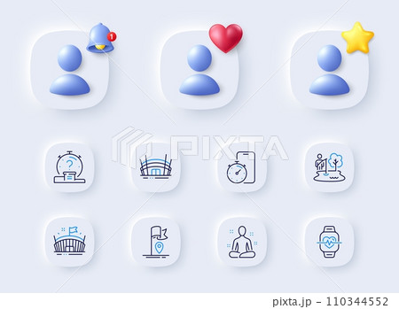 Quiz, Flag and Arena stadium line icons. Placeholder with 3d bell, star, heart. Pack of Cardio training, Yoga, Timer app icon. Arena, Fishing place pictogram. For web app, printing. Vector 110344552