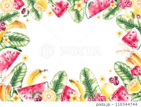 Watercolor Lemon, Hibiscus Flowers, watermelon, banana Frame 110344744