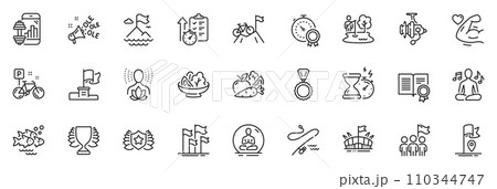 Icons pack as Hourglass timer, Strong arm and Fishing reel line icons for app include Yoga, Winner flag, Vegetables outline thin icon web set. Timer, Yoga music, Fishing place pictogram. Vector 110344747