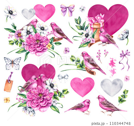 Watercolor Valentines day set with bouquets of flowers, birds and flowers isolated on white Watercolor Valentines day set with bouquets of flowers, birds and flowers isolated on white 110344748