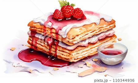Cake with strawberries, realistic watercolor illustration in retro style. 110344936