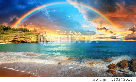 AI-generated content. beautiful tropical beach with clean blue water and rainbow at sunset, idyllic vacation destination, exotic paradise coast 110345016