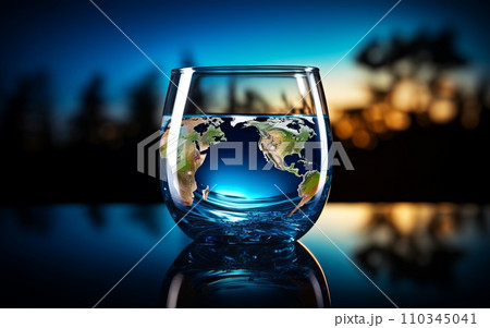 World Water Day.Glass of water with planet earth on dark background. World Water Day.Glass of water with planet earth on dark background. 110345041