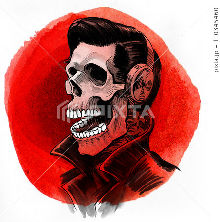 Human skeleton in headphones. Hand-drawn ink and watercolor sketch Human skeleton in headphones. Hand-drawn ink and watercolor sketch 110345460