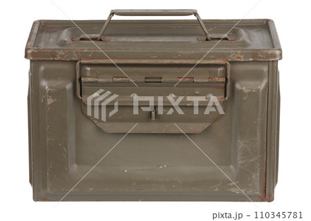 US army green metal .50 cal ammo can on white. US army green metal .50 cal ammo can on white. 110345781