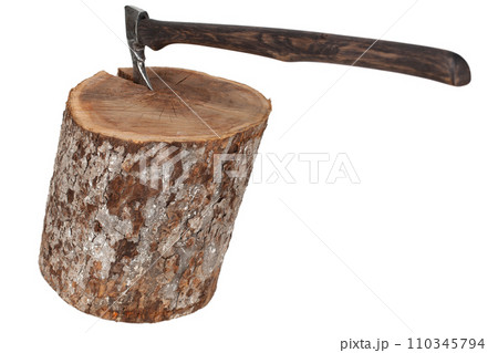 antique axe with wooden handle in wood log on white antique axe with wooden handle in wood log on white 110345794