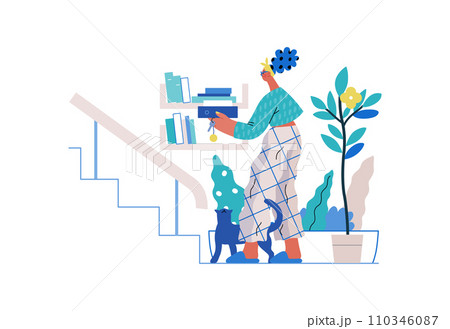 Mutual Support: Book Swap -modern flat vector concept illustration of a woman leaving books on a shelf in hallway for neighbors A metaphor of voluntary, collaborative exchanges of resource, services Mutual Support: Book Swap -modern flat vector concept illustration of a woman leaving books on a shelf in hallway for neighbors A metaphor of voluntary, collaborative exchanges of resource, services 110346087