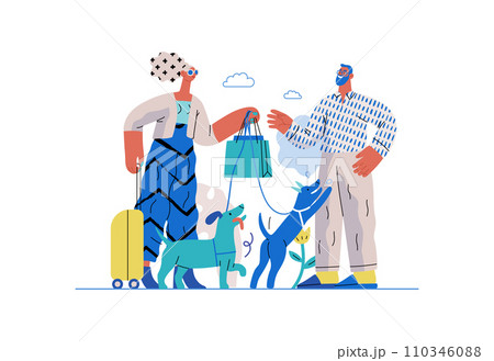 Mutual Support: Pet-sitting -modern flat vector concept illustration of a woman going on vacation leaving her dogs with neighbor. A metaphor of voluntary, collaborative exchanges of resource, services 110346088