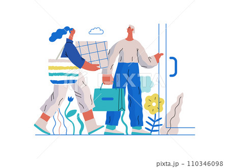 Mutual Support: Door Holding - modern flat vector concept illustration of woman carrying heavy box and man holding door for her. A metaphor of voluntary, collaborative exchanges of resource, services 110346098