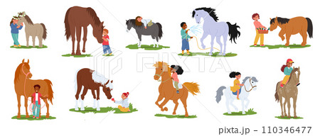 Children Tenderly Groom And Care For Their Beloved Horses. Little Boys And Girls Characters Forming Bonds Of Friendship Children Tenderly Groom And Care For Their Beloved Horses. Little Boys And Girls Characters Forming Bonds Of Friendship 110346477
