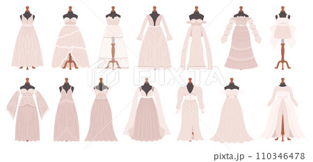 Wedding Dresses Collection Epitomizes Timeless Charm. From Ethereal Lace To Sleek Silhouettes, Gowns Set Wedding Dresses Collection Epitomizes Timeless Charm. From Ethereal Lace To Sleek Silhouettes, Gowns Set 110346478