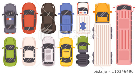 Top View Of Parked Cars Arranged Symmetrically. Colorful Sedans, Van, Truck And Bus Isolated On White Background Top View Of Parked Cars Arranged Symmetrically. Colorful Sedans, Van, Truck And Bus Isolated On White Background 110346496
