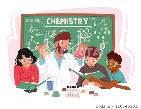 Enthusiastic Chemistry Teacher Engages Group Of Eager Kids In A Classroom, Fostering Curiosity With Exciting Experiments 110346503
