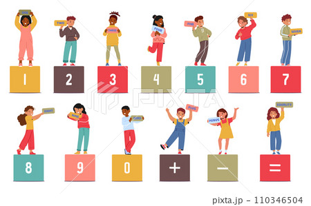 Cute Smiling Boy and Girl Character Holding Numbers and Symbols Isolated On White Background. Preschool Education 110346504