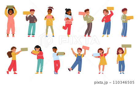 Joyful Kids With Empty Banners, Their Faces Alive With Excitement. Boys And Girls Characters Cartoon Vector Illustration 110346505