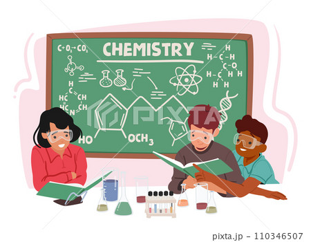 Enthusiastic Kids Characters Explore Chemistry In A Classroom, Mixing Potions And Conducting Experiments With Beakers 110346507