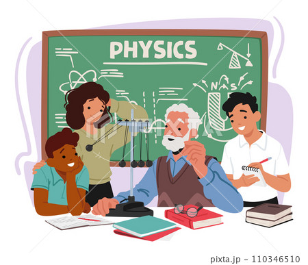 Aged Physics Teacher Character , Passionately Imparts Wisdom To Eager Kids In A Classroom Adorned With Equations 110346510