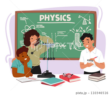Excited Kids In A Physics Classroom Explore Kinetic Energy With Hands-on Experiments, Characters Discover The Wonders 110346516