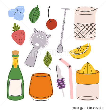 Bartender Equipment Cartoon Vector Set. Jigger For Precise Liquid Measurements, Pitcher For Mixing, Muddler 110346517