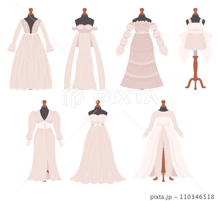 Wedding Dresses Collection, Showcasing Elegant Timeless Designs, Intricate Lacework And Flowing Silhouettes, Vector Set 110346518
