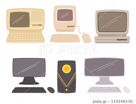 Computer Evolution From Massive Machines To Powerful Devices. Advancements In Size, Speed, And Capability, Vector Set 110346530