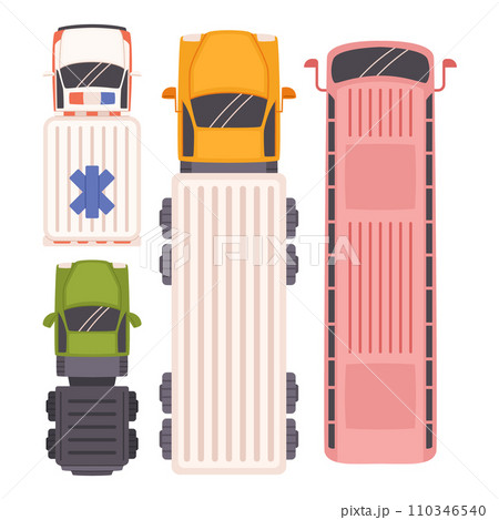 Top View Of A Bus, Van And Trucks, Delineating Their Distinct Aerodynamic Design, Configuration, Vector Illustration Top View Of A Bus, Van And Trucks, Delineating Their Distinct Aerodynamic Design, Configuration, Vector Illustration 110346540