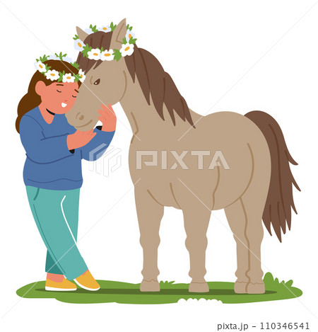 Little Girl With A Beaming Smile And Flower Wreath Tenderly Cares For Her Horse On Summer Field, Vector Illustration Little Girl With A Beaming Smile And Flower Wreath Tenderly Cares For Her Horse On Summer Field, Vector Illustration 110346541
