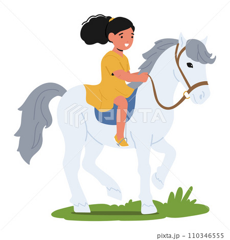 Gleeful Little Girl Joyfully Rides Her Horse Across A Sunlit Summer Field, Kid Character And Pet Share A Carefree Moment 110346555