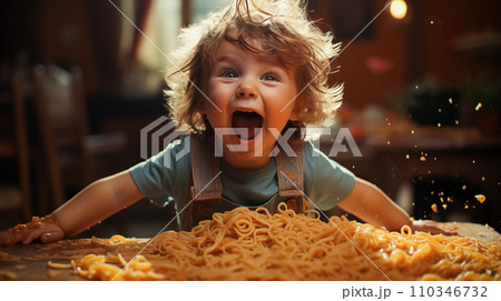 Cute little kid boy eating spaghetti bolognese or pasta macaroni bolognese at home. Happy child eating fresh cooked healthy meal with noodles. Generative Ai. 110346732