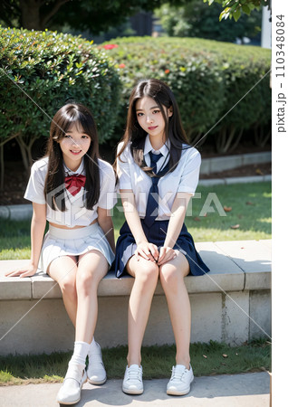 公園のベンチに座る制服姿の女子高生　AI生成画像 AI生成 AI画像 AI美女 110348084