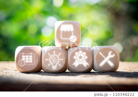 Capital expenditure concept, Wooden block on desk with capital expenditure icon on virtual screen. 110348222