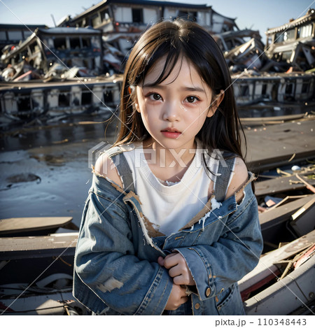 破壊された町に立つ5歳の女の子　AI画像　AI写真 110348443