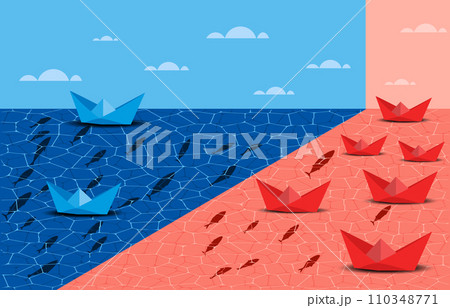 Illustration of Red Ocean and Blue Ocean Strategy Concept business marketing presentation. Blue Ocean compares with Red Ocean. Paper boat sailing on blue ocean design concept. Vector illustration. All Illustration of Red Ocean and Blue Ocean Strategy Concept business marketing presentation. Blue Ocean compares with Red Ocean. Paper boat sailing on blue ocean design concept. Vector illustration. All 110348771
