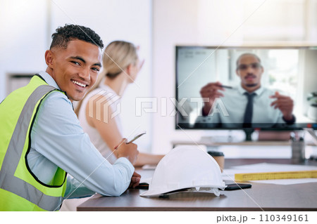Construction worker, engineer and virtual video conference or webinar in office with a man looking happy in seminar, training and meeting with client online. Portrait of contractor ready for project 110349161